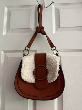 Brown Faux-Leather Saddle Bag with Cream Shearling Flap